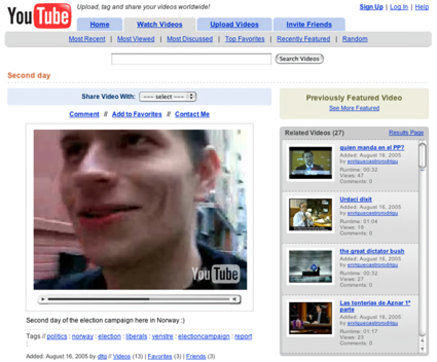 YouTube video watch page with first version of player (2005)